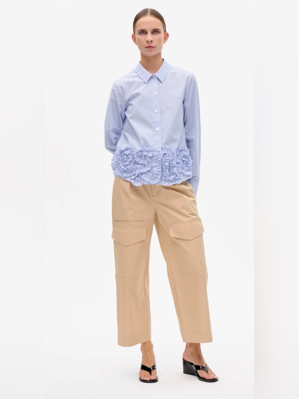 Light Blue Ruffle-Hem Button Down Shirt - Women's Cotton Blend EU 34 NWT - Picture 3 of 5